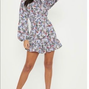PLT Dusty Blue Floral High Neck Frill Dress